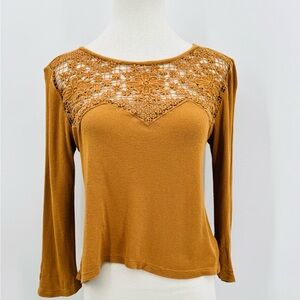American Eagle Outfitters Women's Crochet Yoke Long Sleeve Top - Rust, L
